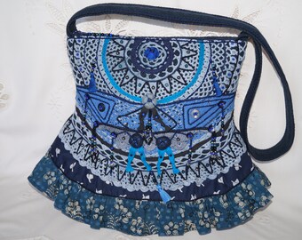 Grau-schwarz-blaue Tasche, gehäkelte Tasche, Upcycling Schultertasche, große Zigeuner Tasche, Tote bag, Shabby Chic Tasche, romantische Tasche, Boho Tasche