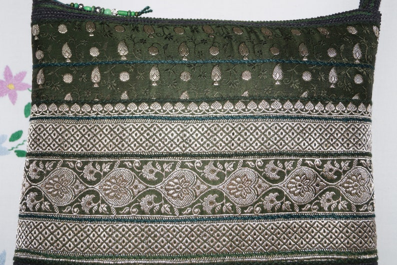 Green-silver crossbody bag hand woven bag festival bag flower bag,bohemian bag medium boho bag ethnic bag Indian sari bag gypsy bag