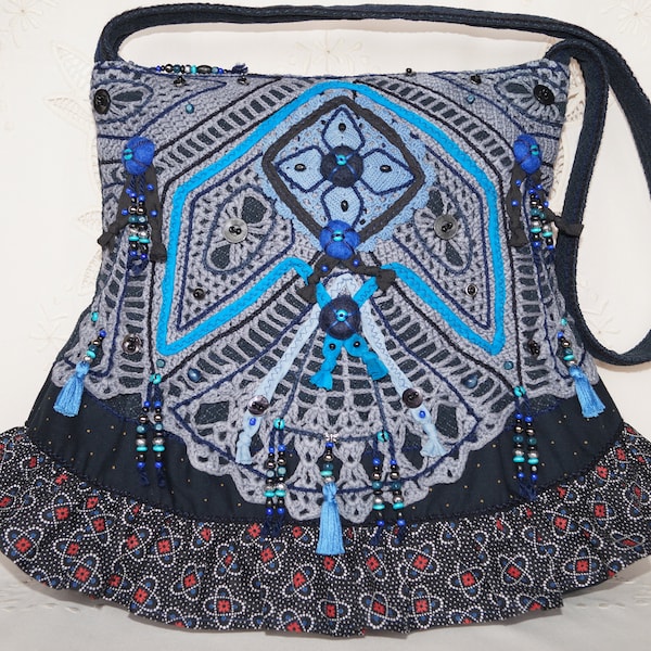 Grey, black, blue bag, crochet lace bag, upcycled shoulder bag, large gypsy bag,  shabby chic tote bag, romantic bag, boho bag, beaded bag