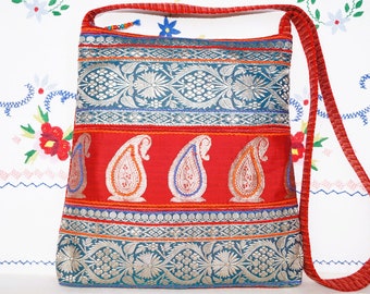 Bolso plateado, bolso saree indio, bolso boho, bolso gitano floral, azul, bolso plateado, bolso tejido a mano, bolso bandolera mediano, bolso boho, bolso reciclado