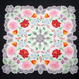 Hungarian Kalocsa Richelieu art tablecloth 58/ 55 cm hand embroidered lace home decor, Hungarian colorful Kalocsa embroidery, Hungarian gift