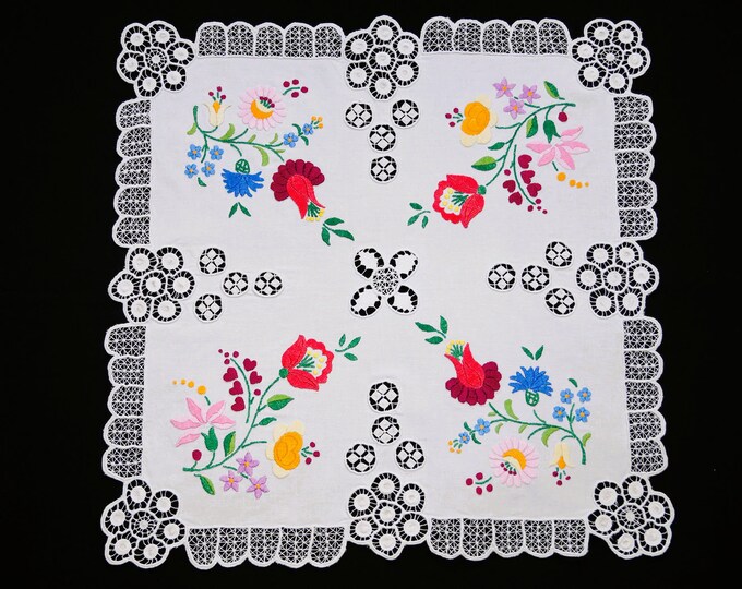 Hungarian Kalocsa Richelieu Tablecloth 45/45 Cm, Hand Embroidered Home