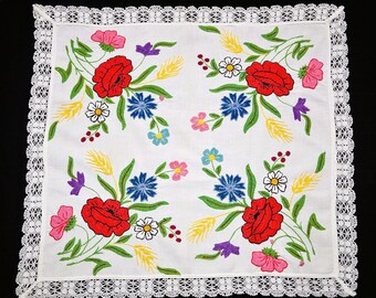 Hungarian vintage tablecloth 52/ 48 cm, floral embroidered home decor, Hungarian folk tablecloth, colorful embroidery, floral table decor
