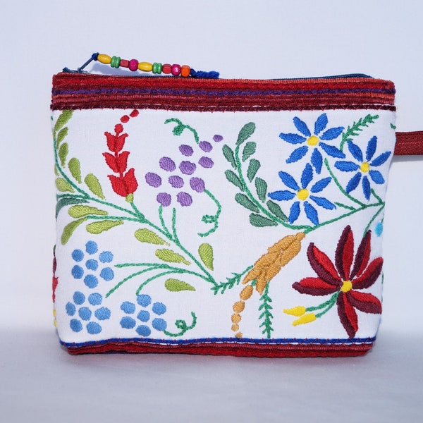 Hungarian floral cosmetic bag, hand embroidered bohemian cosmetic bag, Hungarian gift, folk make up bag, colorful floral embroidered purse