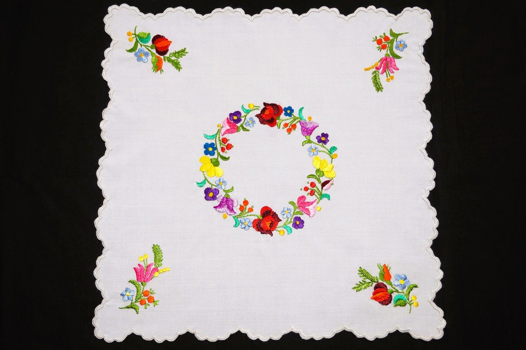 Hungarian Kalocsa Tablecloth 43/ 43cm, Hand Embroidered Silk Home Decor