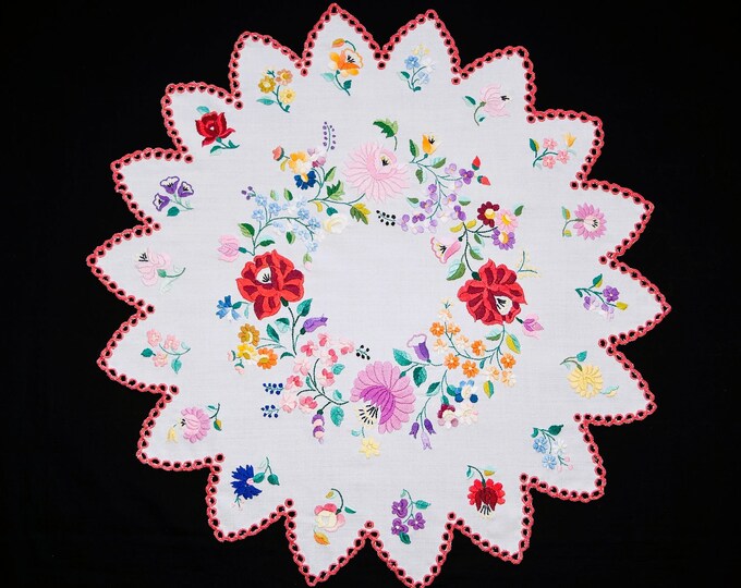 Hungarian Kalocsa Tablecloth 58/ 56 Cm, Hand Embroidered Home