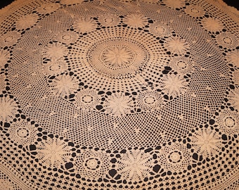 Brown crocheted circle tablecloth 154 cm. large table decor, country home decor, handmade floral crocheted tablecloth, vintage centerpiece