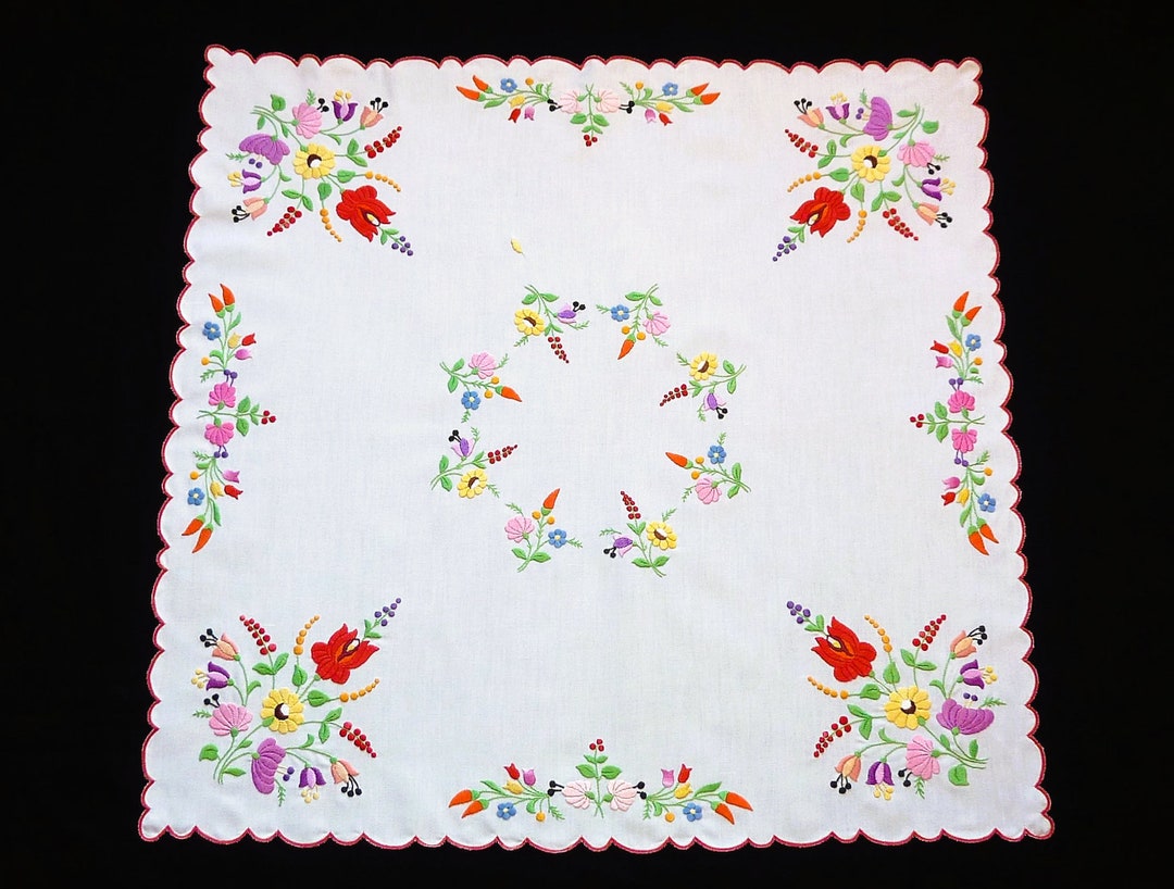 Hungarian Kalocsa Tablecloth 74/ 70 Cm, Hand Embroidered Home