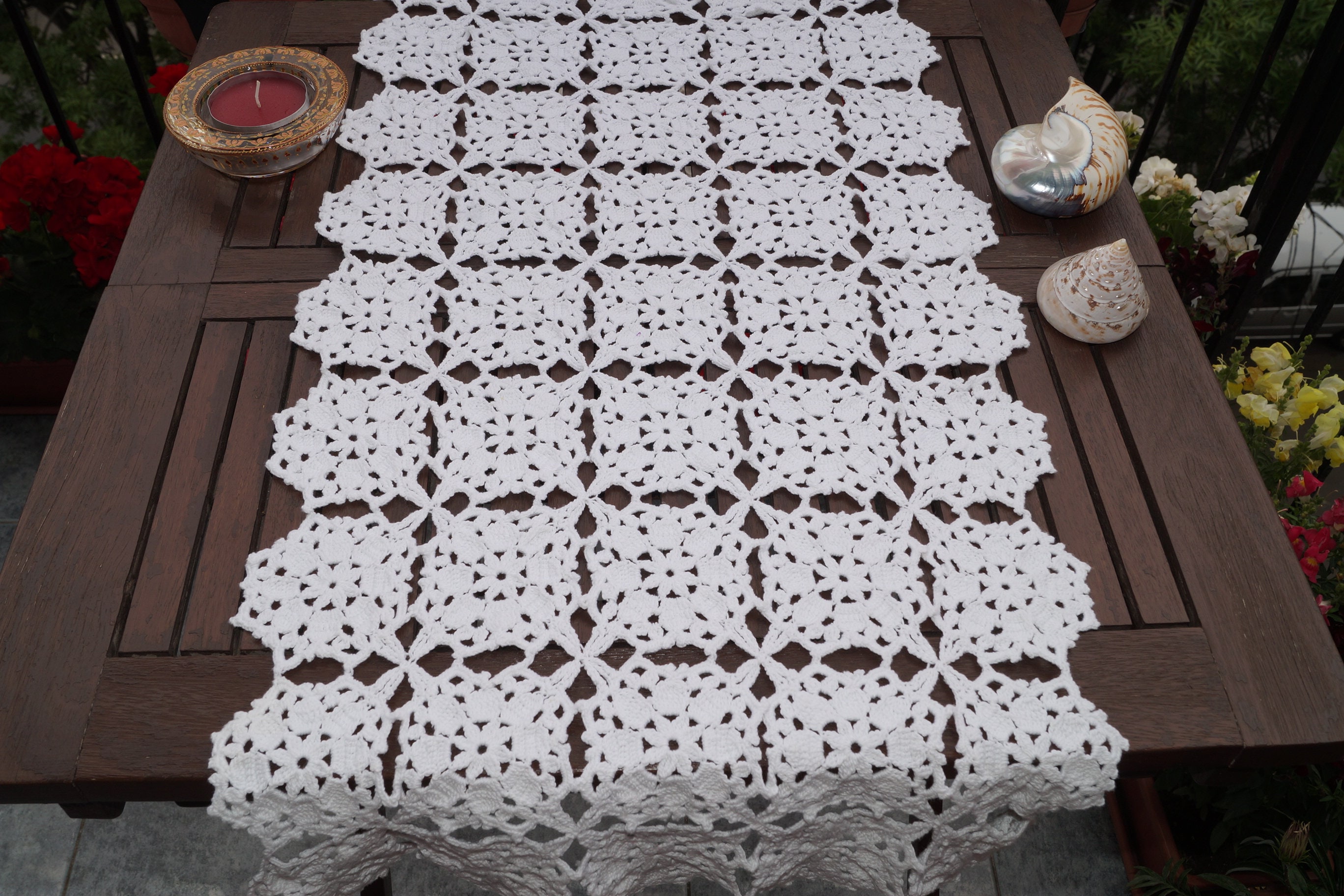 Handmade Crochet Table Runner - 15.5x35 Inch Cotton Lace Beige Decorative Mat - View #4