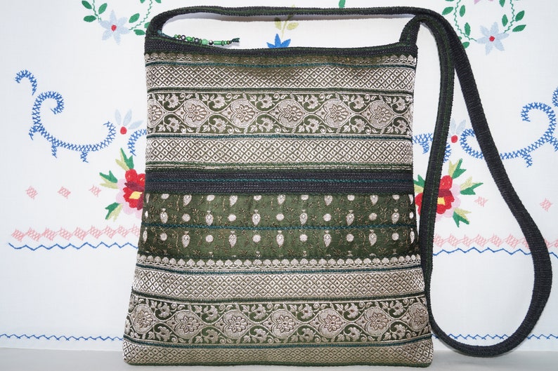 medium boho bag ethnic bag gypsy bag festival bag hand woven bag Green-silver crossbody bag flower bag,bohemian bag Indian sari bag