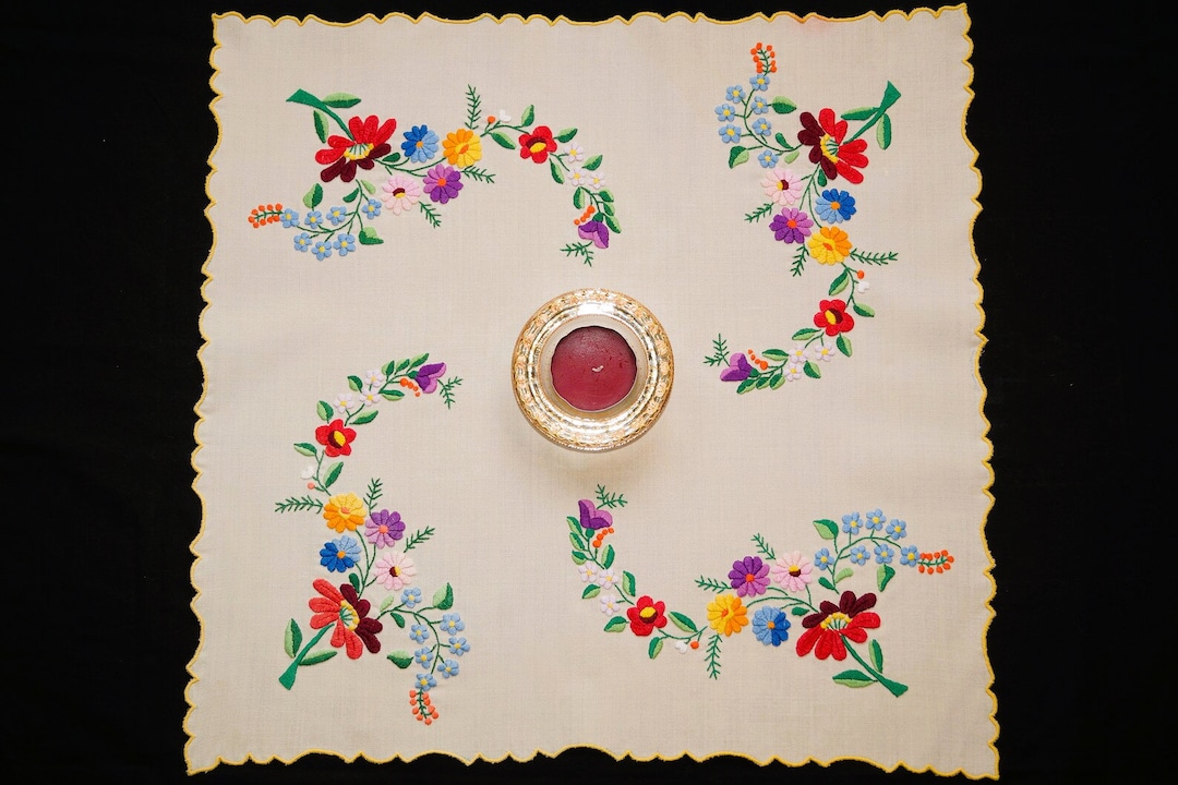 Hungarian Kalocsa Tablecloth 55/ 54 Cm, Hand Embroidered Home