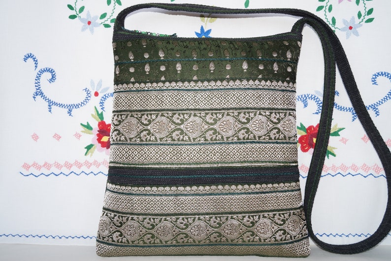 Green-silver crossbody bag hand woven bag festival bag flower bag,bohemian bag medium boho bag ethnic bag Indian sari bag gypsy bag