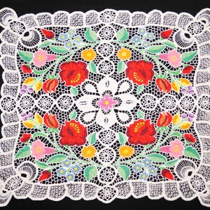 Hungarian Kalocsa Richelieu art tablecloth 49/ 43 cm hand embroidered lace home decor, Hungarian colorful Kalocsa embroidery, Hungarian gift