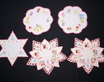 Hungarian Kalocsa doilies, 5 pcs floral hand embroidered home decorations, Hungarian folk doilies, vintage colorful embroidery, gift for Mum