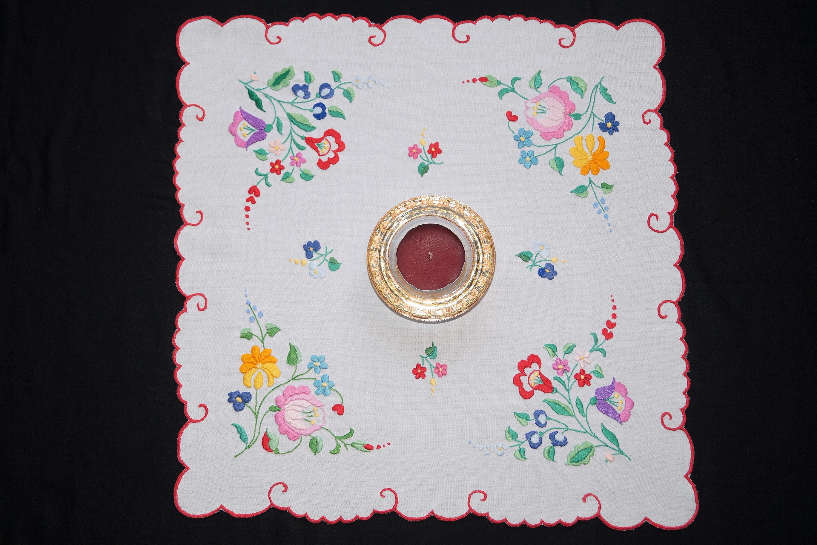 Hungarian Kalocsa Tablecloth 45/ 44 Cm Hand Embroidered Home Etsy