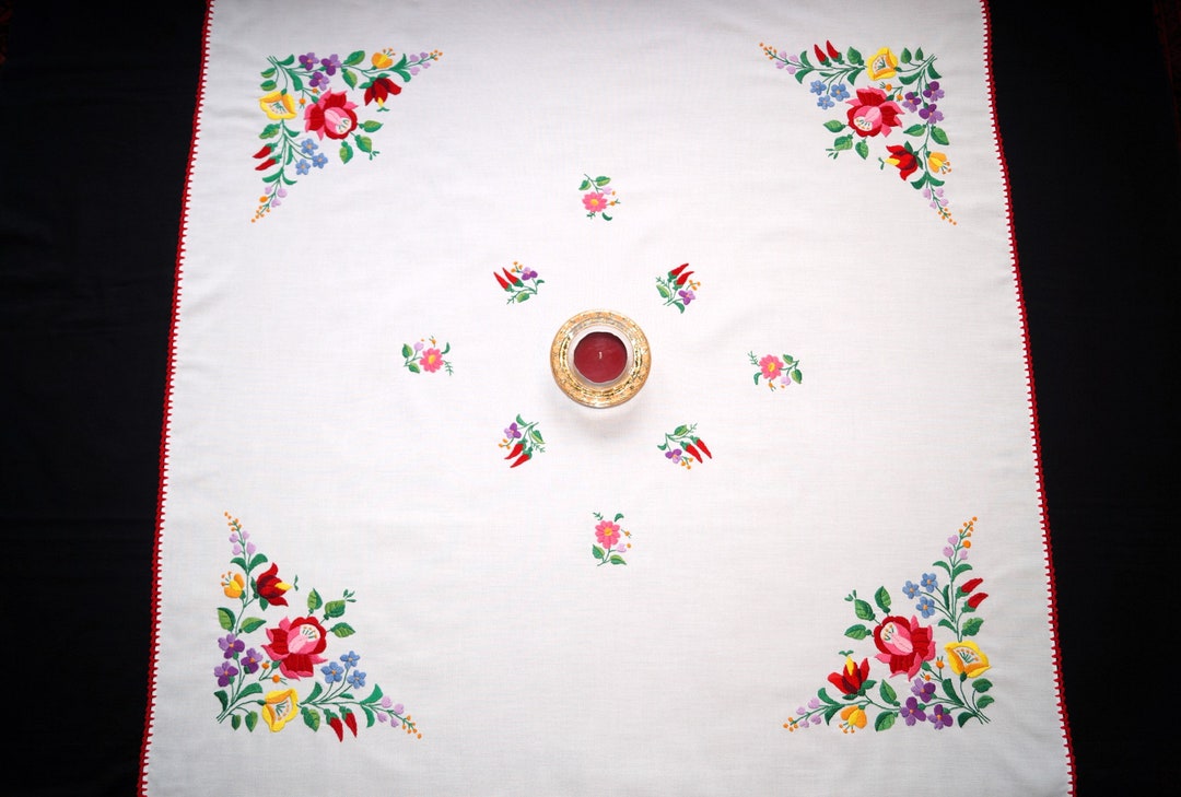 Hungarian Kalocsa Tablecloth 96/ 96 Cm, Hand Embroidered Home