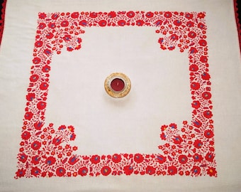 Antique Hungarian Embroidered Tablecloth: Folk Art Floral