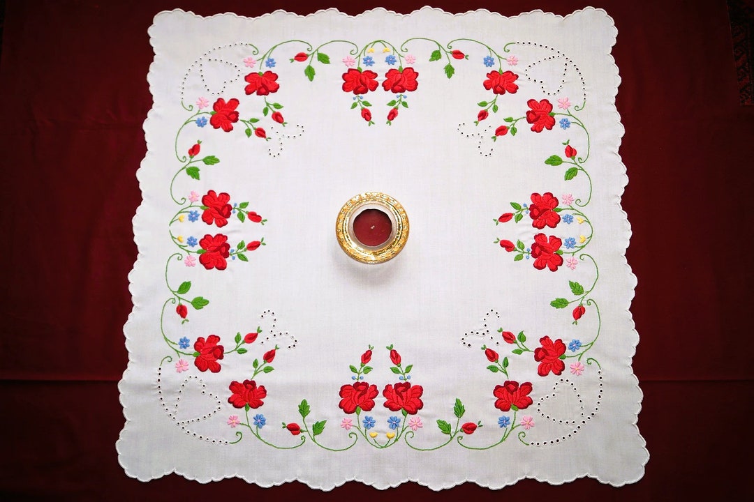 Hungarian Kalocsa Tablecloth 77/ 75 Cm, Hand Embroidered Home