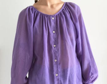 Vintage 70s Lavender Purple Long Sleeve Blouse, Button Up Shirt