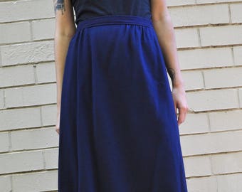 Vintage 70s Minimal Navy Royal Blue Wool Knee Length Midi Skirt, Size 28 Waist