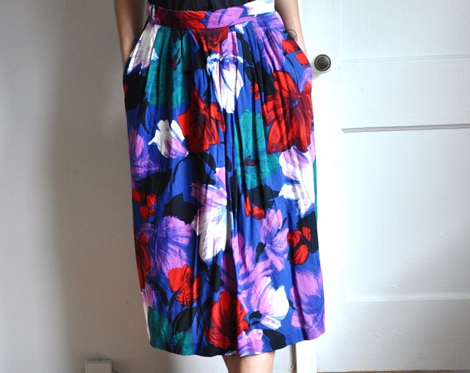 Jewel Tone Painted Print Size 28 Waist Vintage 90s Floral Midi Skirt