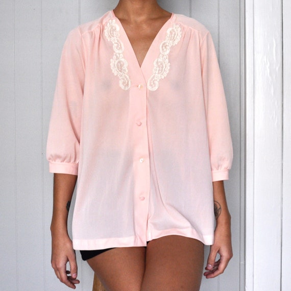 Vintage Pale Pink Sheer Lace Night Shirt Sleepwear