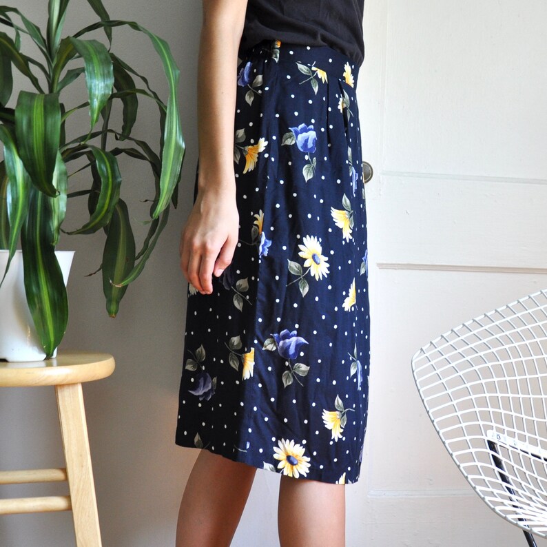 Vintage 90s Navy Blue Floral Dot Knee Length Skirt Size 31 | Etsy