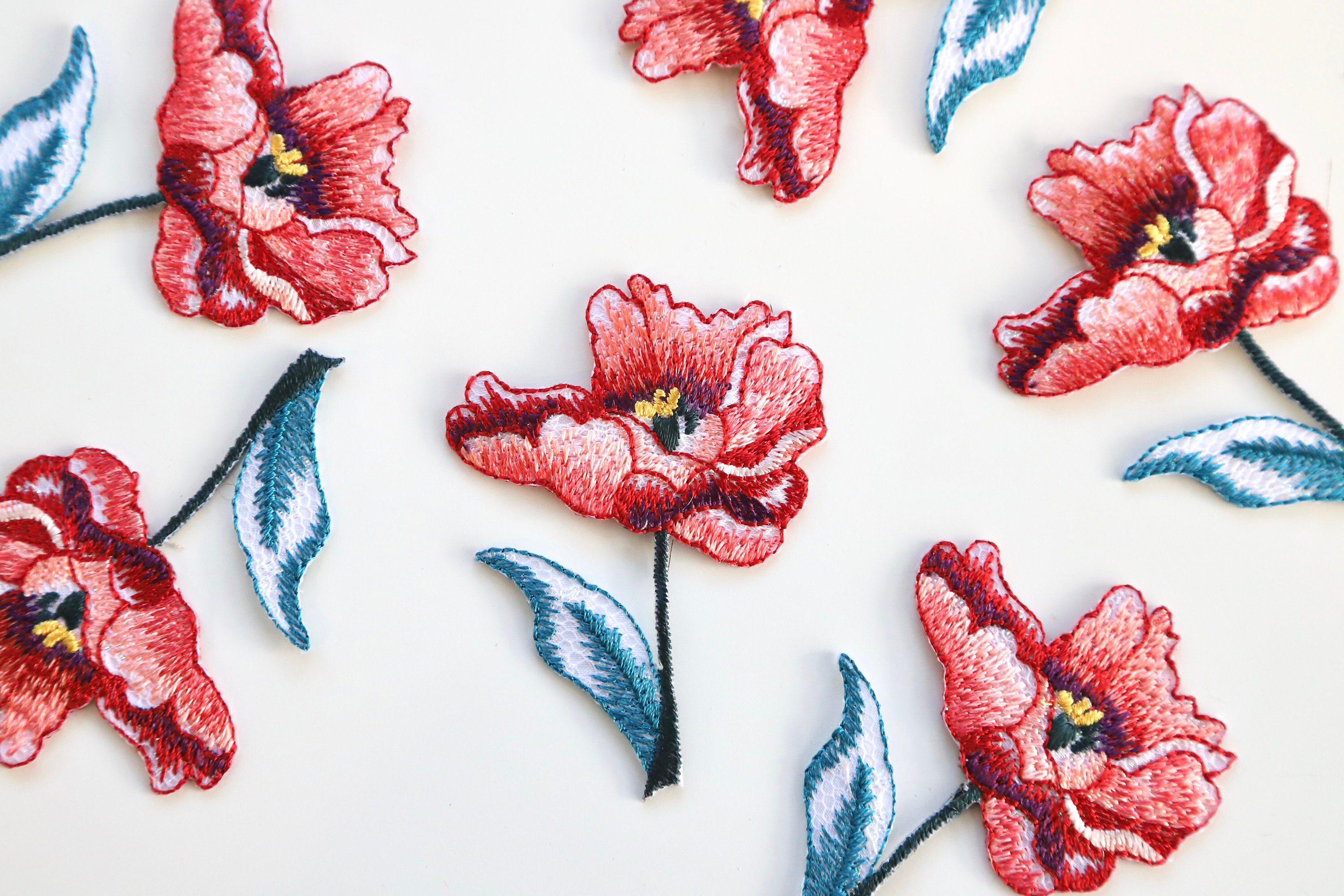 Pretty Poppy Flower Multi-Color Embroidered Iron-On Patch Applique