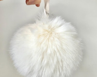 Cream - Super Soft Fluffy Faux Fur Pom Pom for Hats and Craft - 11cm plus ribbon ties