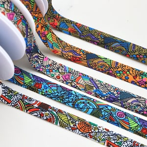 Super Soft Peach Skin Bias Binding, Multi Coloured Abstract Retro Print. Orange, White Turquoise Blue 20mm wide