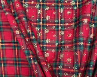 Tartan rouge avec flocons de neige dorés - 110 cm de large - Coton/Lurex