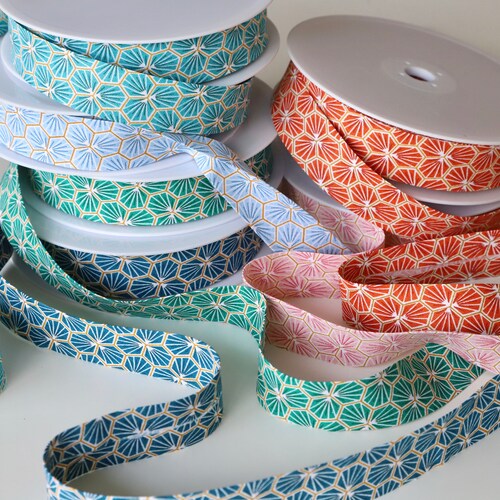 Bias Binding - Art Deco Hexagonal Tile Design - Blue, Pink, Green, Orange, Teal - 27mm wide