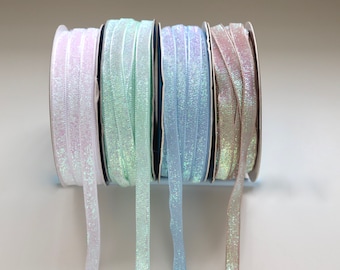 Iridescent Sparkly Ribbon - Shimmery Velvet - Mint, Blue, Light Pink/Nude, White - 10mm Wide