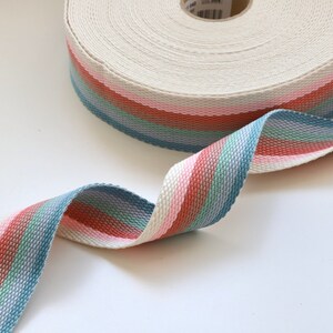 May include: A roll of white cotton webbing with pink, green, and blue stripes. The webbing is 1 inch wide.