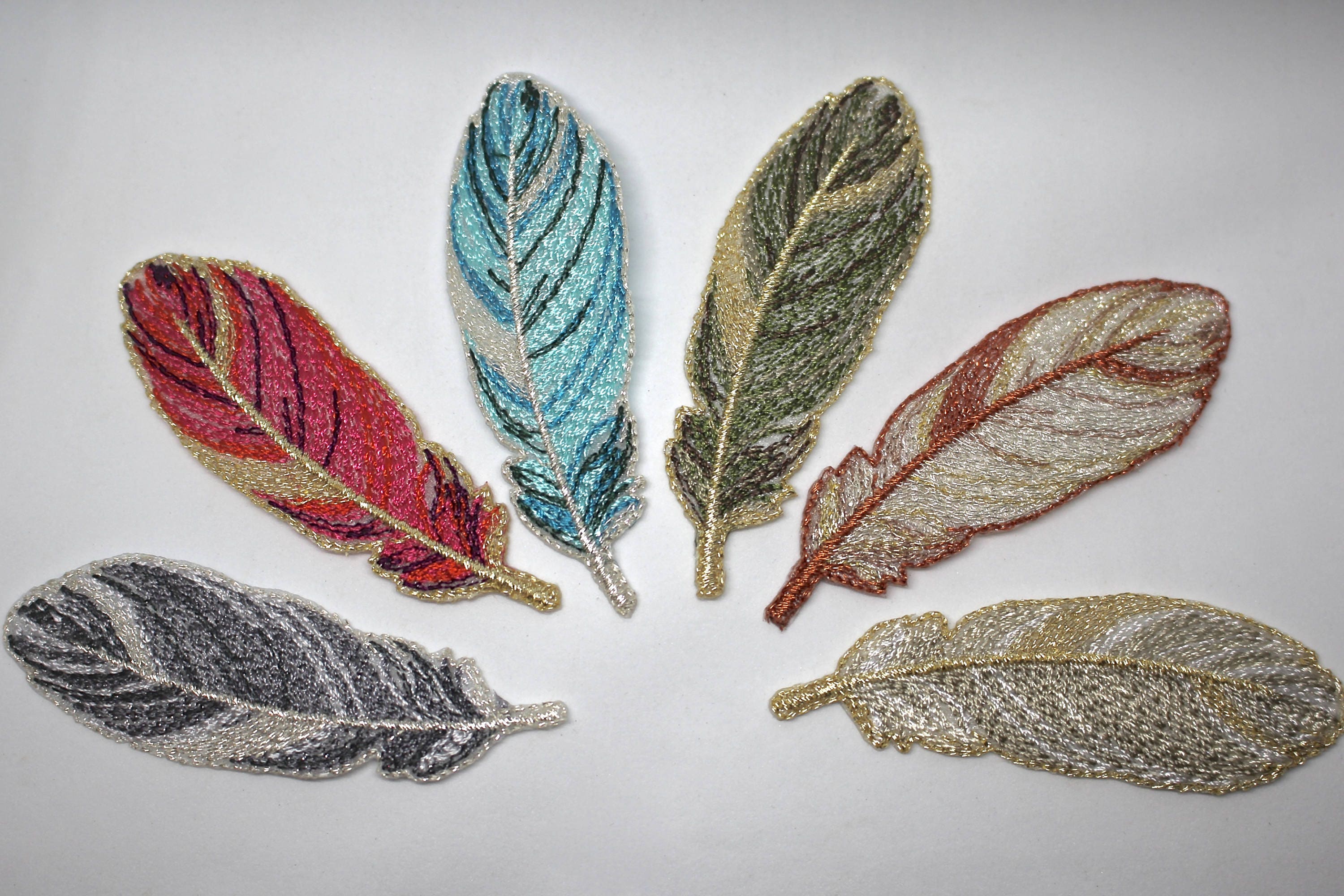 Iron on Embroidered Feather Motifs/patches With Metallic Detail