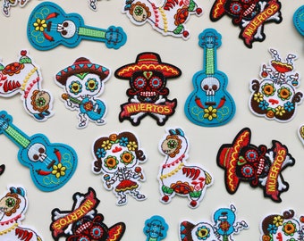 Mexican Day of the Dead Iron on Patches - Señorita, Señora, Guitare, Llama, Sugar Skull, Muertos - Motifs brodés colorés