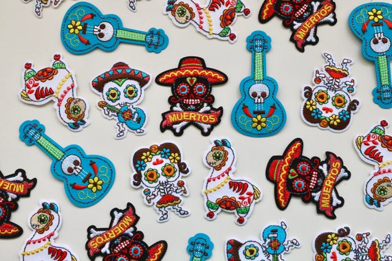 Mexican Day of the Dead Iron on Patches - Señorita, Señora, Guitar, Llama, Sugar Skull, Muertos - Colourful Embroidered Motifs