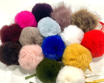 Super Soft Fluffy Faux Fur Pom Pom for Hats and Craft - 11cm plus ribbon ties - Various Colours