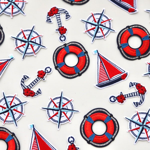 High Quality Embroidered Iron-on Nautical Themed Motifs/Patches - Life Buoy, Compass, Yacht/Sailboat, Anchor