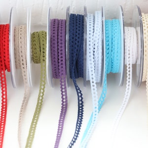 Cluny Lace Trim - Narrow 100% Cotton - Turquoise, Navy, Olive, Black, White, Red, Pink, Purple, Cream, Linen - 8mm Wide