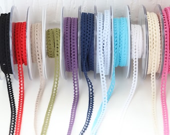 Cluny Lace Trim - Narrow 100% Cotton - Turquoise, Navy, Olive, Black, White, Red, Pink, Purple, Cream, Linen - 8mm Wide