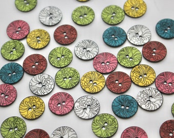 Stylish Two Hole Sew Through Etched Buttons in Pink, Teal, Ivory, Yellow, Green and Brick Red. 18mm