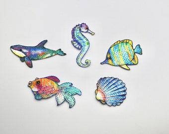 Iridescent Sequin Embroidered Underwater Motifs - Seahorse, Shell, Goldfish, Orca Whale, Tropical Fish Metallic Patches - Iron on Motifs