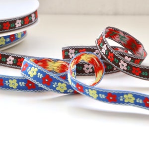 Ruban Jacquard floral - Fleurs d'art populaire rétro moderne - Marron, noir et bleu - 15 mm de large