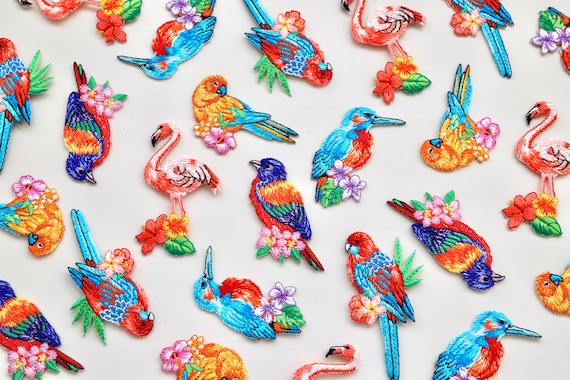 Birds of Paradise Iron on Patches - Kingfisher, Parrot, Flamingo, Lovebird, Cockatoo, Budgie, Parakeet - Embroidered Iridescent Bird Motif