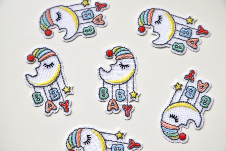 Iron on Embroidered Woven Patches/Badges in Cute Nursery Designs - Moon Mobile, Pram, Rocking Horse - Baby Motifs bild 4