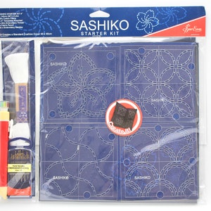 Sashiko Starter Kit - Creates 40 x 40cm Standard Cushion Cover - Stencil, Cloth and Embroidery Floss