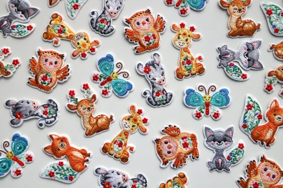 Cute Floral Animal Iron on Patches - Giraffe, Zebra, Fox, Owl, Butterfly, Deer, Racoon - Kids Appliqué Embroidered Motifs