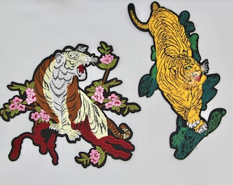Giant Tiger Iron on Motifs/Patches - Prowling Tiger or Tiger with Blossoms - Large Embroidered Motifs Perfect for Denim Jackets!