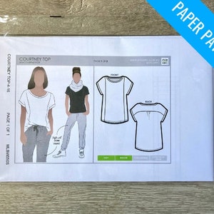 May include: A paper pattern for a women's top called "Courtney Top" in sizes 4-16. The pattern includes instructions for sewing a front and back piece. The pattern is printed on white paper and includes a line drawing of the top.